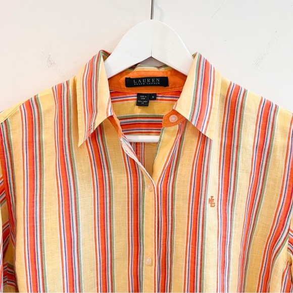 Vintage Lauren Ralph Lauren 100% Linen Yellow Striped Button-Down Size Medium - Picture 2 of 13